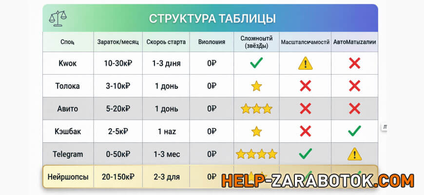 Сравнительная таблица 6 способов заработка без вложений - доход, сложность, автоматизация, скорость старта